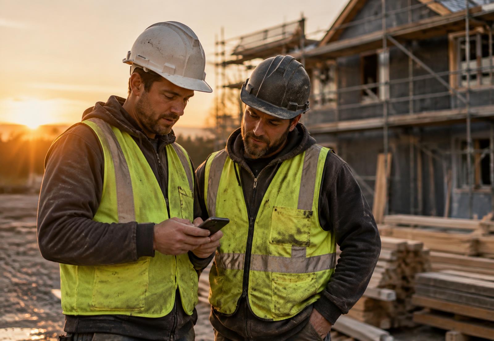 Crew reviewing a job on a phone at a jobsite